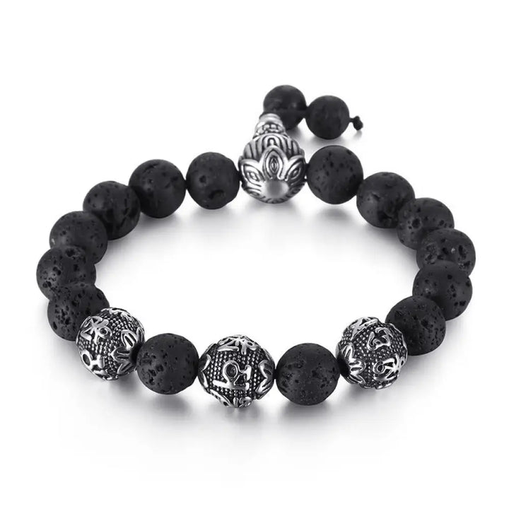 Buddha Stones Natural Tiger Eye Lava Rock Black Obsidian Titanium Steel Six-True-Words Om Mani Padme Hum Protection