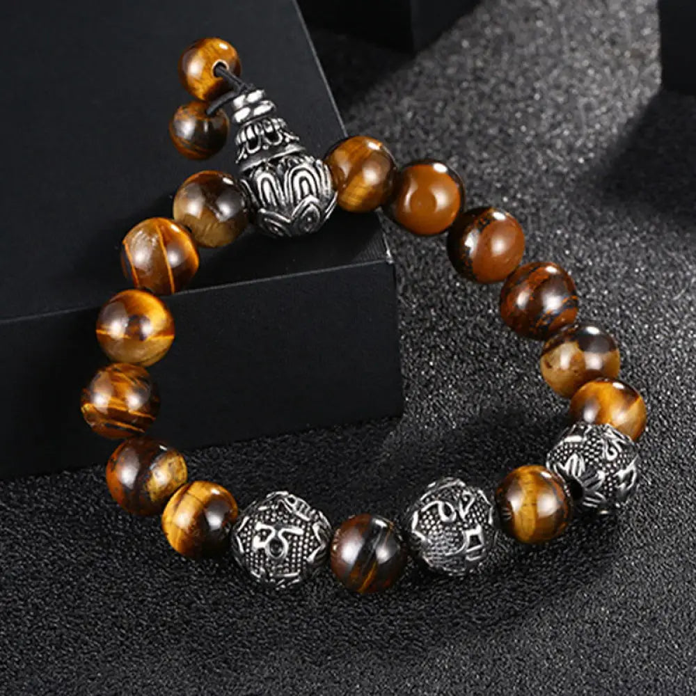 BWOOOH Natural Tiger Eye Lava Rock Black Obsidian Titanium Steel Six-True-Words Om Mani Padme Hum Protection