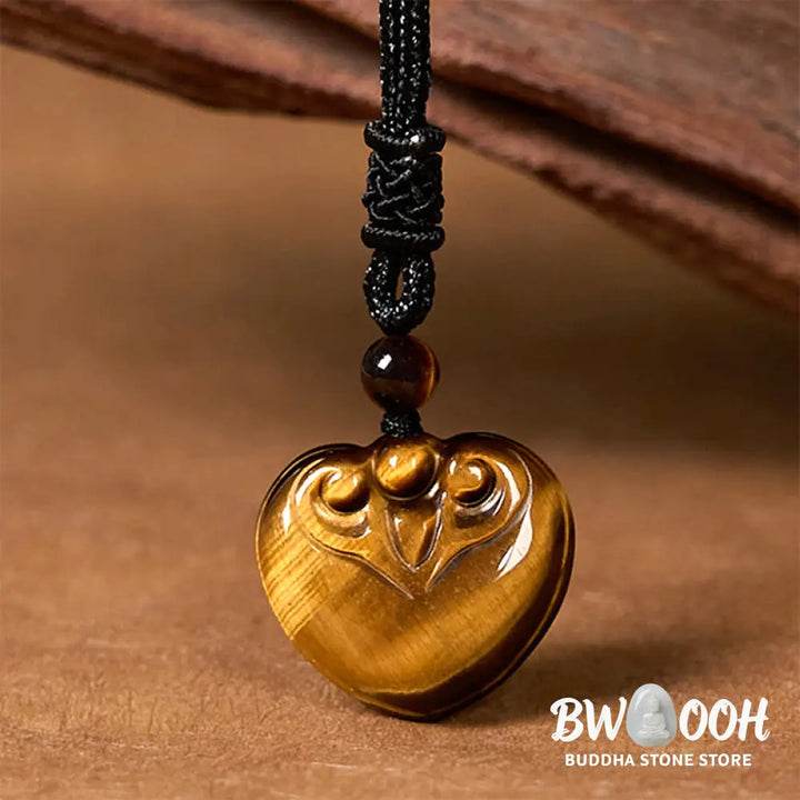 Buddha Stones Natural Tiger Eye Love Heart Pattern Protection Rope Necklace Pendant - BWOOOH - Tiger Eye - Necklaces &amp;
