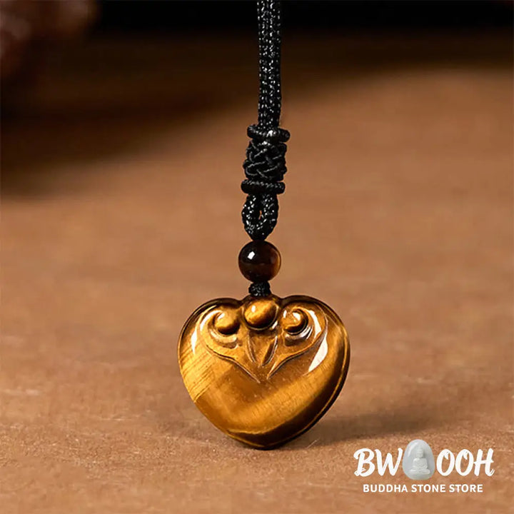 Buddha Stones Natural Tiger Eye Love Heart Pattern Protection Rope Necklace Pendant - BWOOOH - Tiger Eye - Necklaces &amp;