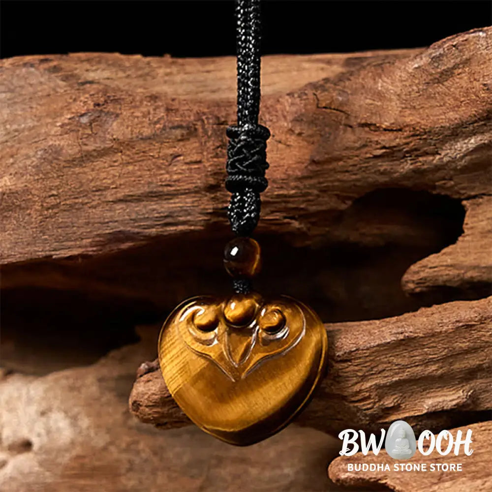 Buddha Stones Natural Tiger Eye Love Heart Pattern Protection Rope Necklace Pendant - BWOOOH - Tiger Eye - Necklaces &amp;
