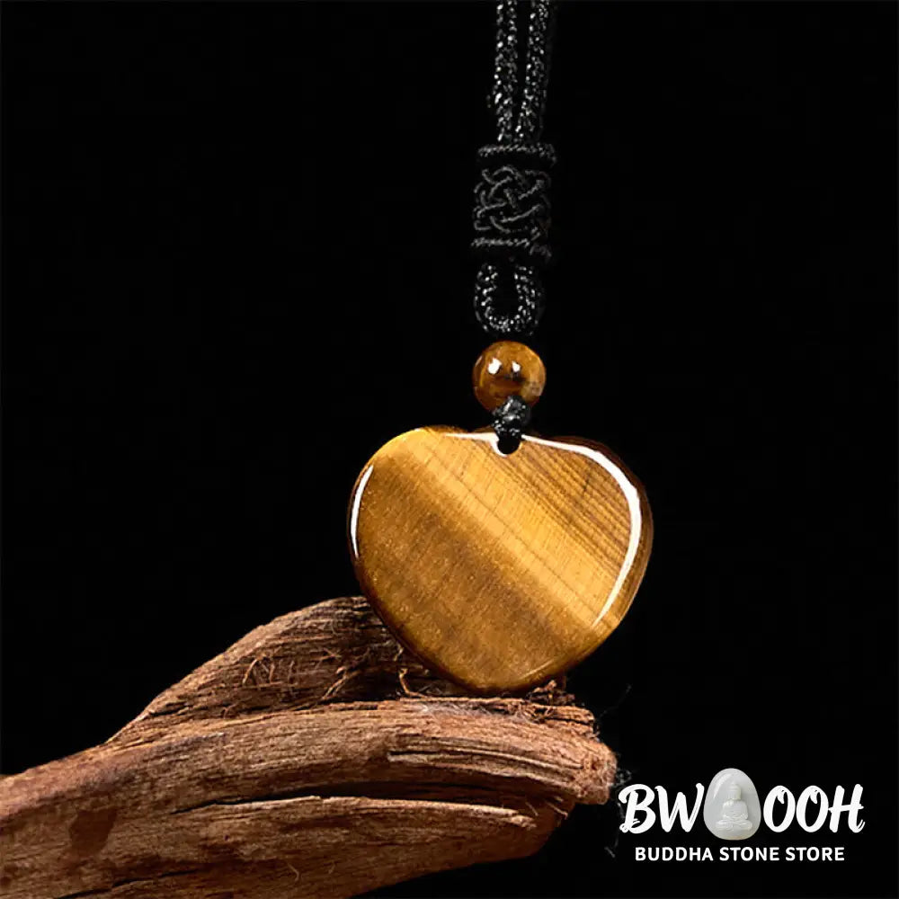 Buddha Stones Natural Tiger Eye Love Heart Pattern Protection Rope Necklace Pendant - BWOOOH - Tiger Eye - Necklaces &amp;