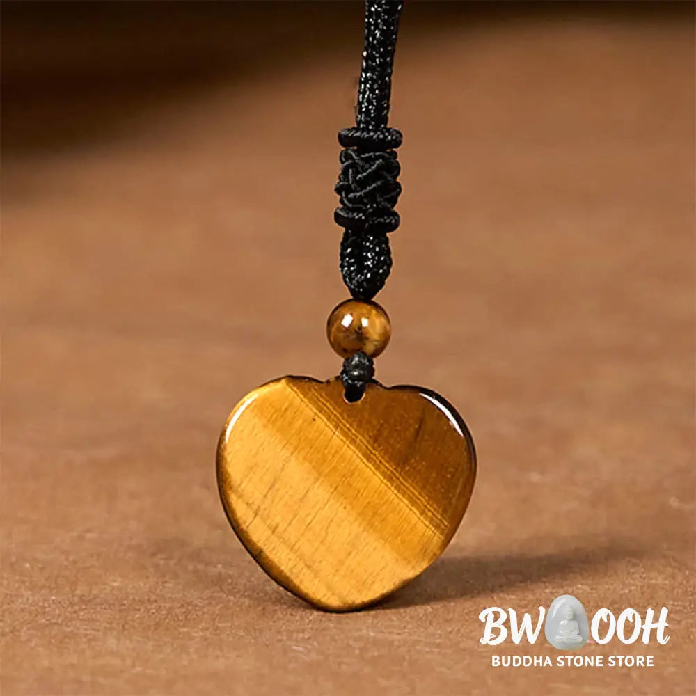 Buddha Stones Natural Tiger Eye Love Heart Pattern Protection Rope Necklace Pendant - BWOOOH - Tiger Eye - Necklaces &amp;