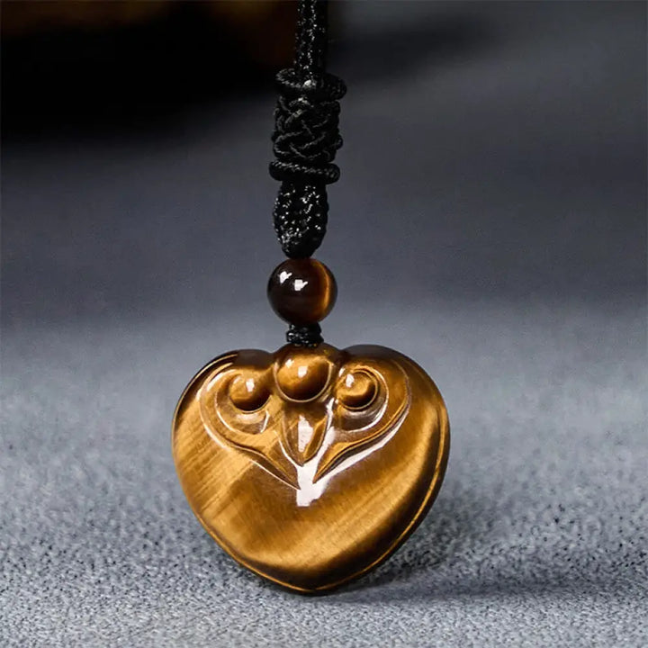 Buddha Stones Natural Tiger Eye Love Heart Pattern Protection Rope Necklace Pendant - BWOOOH - Tiger Eye - Necklaces &amp;