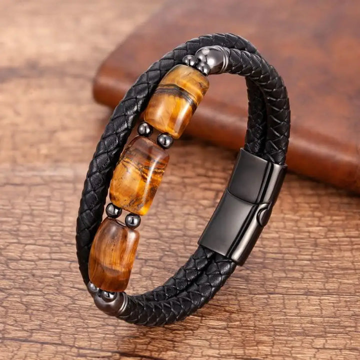 BWOOOH Natural Tiger Eye Protection Willpower Magnetic Buckle Leather Bracelet - BWOOOH - 16-17cm - Bracelet