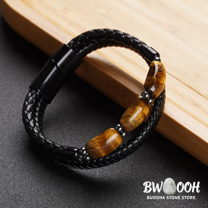 Buddha Stones Natural Tiger Eye Protection Willpower Magnetic Buckle Leather Bracelet - BWOOOH - Bracelet