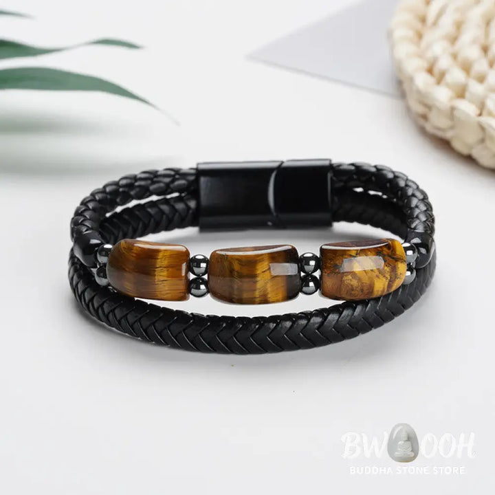 Buddha Stones Natural Tiger Eye Protection Willpower Magnetic Buckle Leather Bracelet - BWOOOH - Bracelet