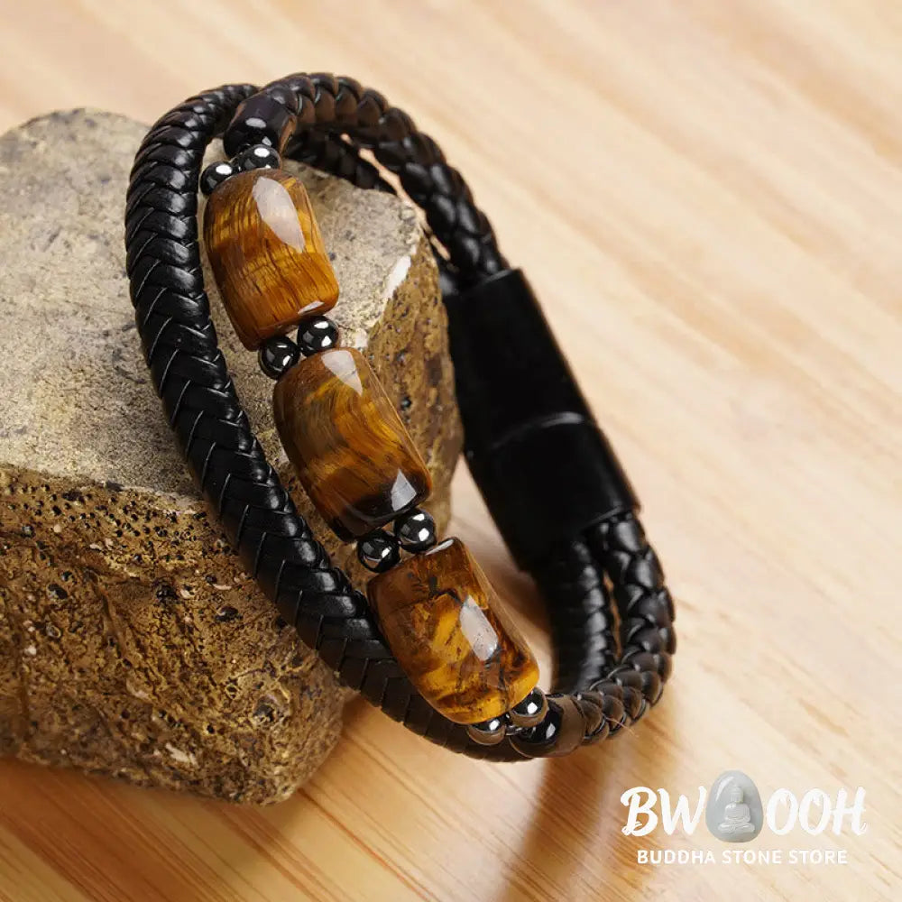 Buddha Stones Natural Tiger Eye Protection Willpower Magnetic Buckle Leather Bracelet - BWOOOH - Bracelet