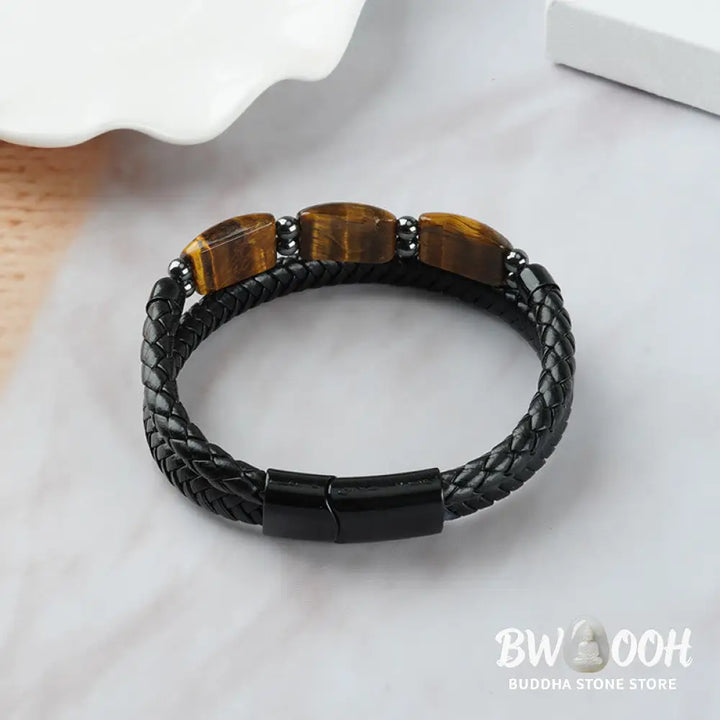 Buddha Stones Natural Tiger Eye Protection Willpower Magnetic Buckle Leather Bracelet - BWOOOH - Bracelet