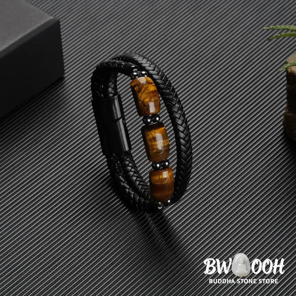 Buddha Stones Natural Tiger Eye Protection Willpower Magnetic Buckle Leather Bracelet - BWOOOH - Bracelet