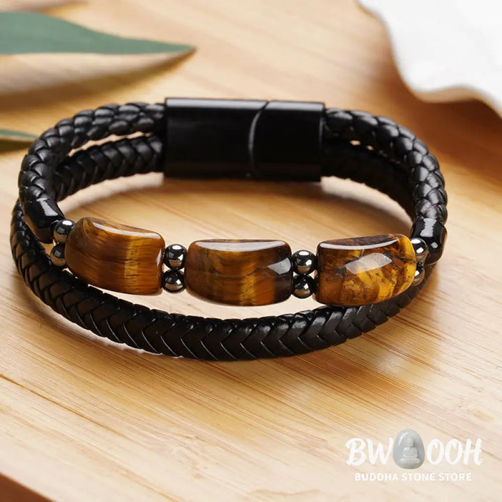 Buddha Stones Natural Tiger Eye Protection Willpower Magnetic Buckle Leather Bracelet - BWOOOH - Bracelet