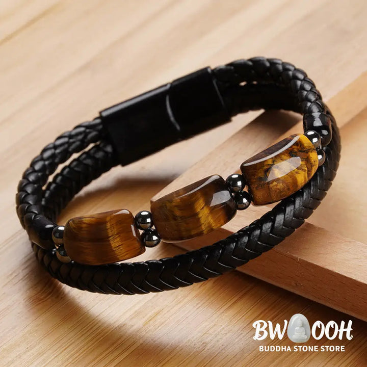 Buddha Stones Natural Tiger Eye Protection Willpower Magnetic Buckle Leather Bracelet - BWOOOH - Bracelet