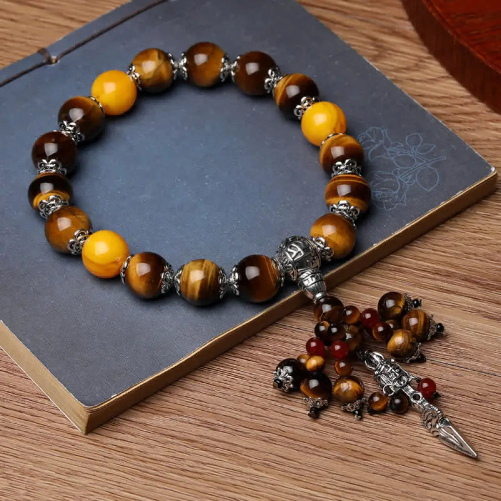 BWOOOH Natural Tiger Eye Red Agate Dragon Vein Agate Stone Vajra Dorje Power Healing Bracelet Car Decoration