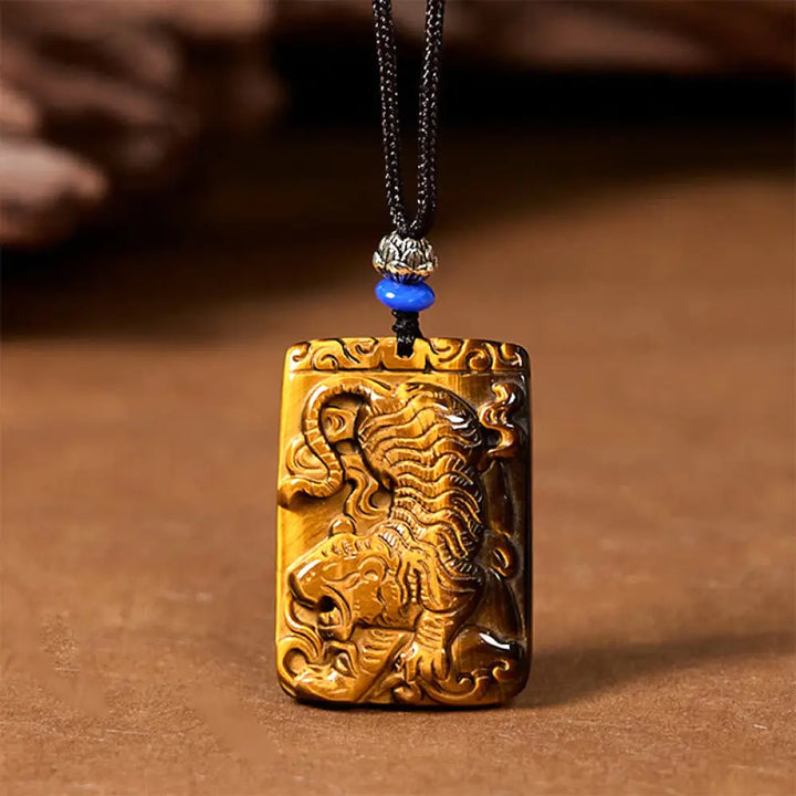 Buddha Stones Natural Tiger Eye Square Tiger Pattern Protection Rope Necklace Pendant - BWOOOH - Tiger Eye - Necklaces
