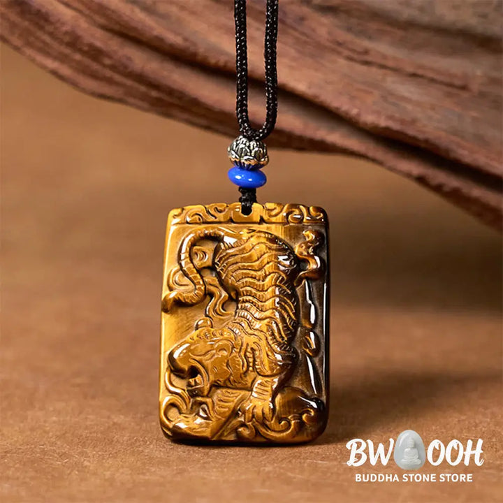 Buddha Stones Natural Tiger Eye Square Tiger Pattern Protection Rope Necklace Pendant - BWOOOH - Tiger Eye - Necklaces