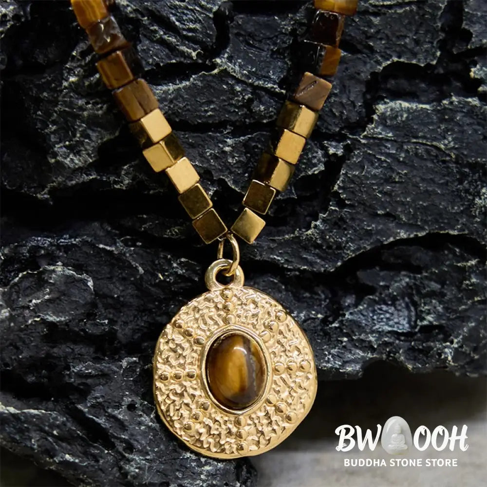Buddha Stones Natural Tiger Eye Square Protection Titanium Steel Necklace Pendant - BWOOOH - Tiger Eye - Necklaces &amp;