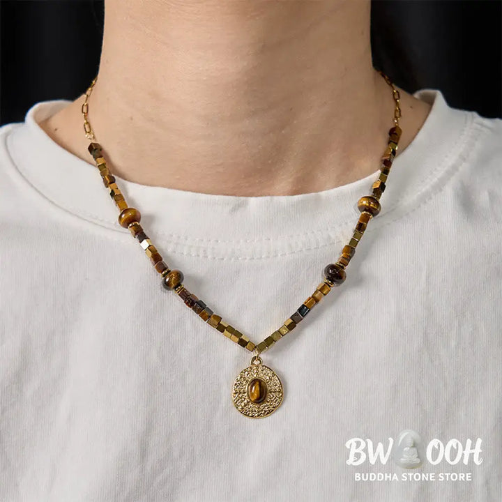 Buddha Stones Natural Tiger Eye Square Protection Titanium Steel Necklace Pendant - BWOOOH - Tiger Eye - Necklaces &amp;