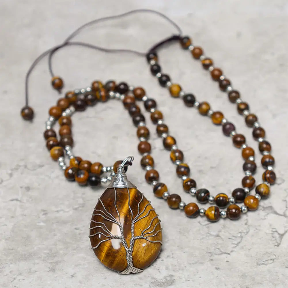 BWOOOH natural tiger eye strength beaded pendant necklace 65cm elastic cord unisex
