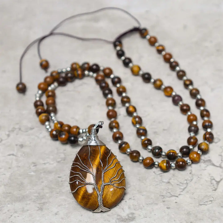 BWOOOH natural tiger eye strength beaded pendant necklace 65cm elastic cord unisex