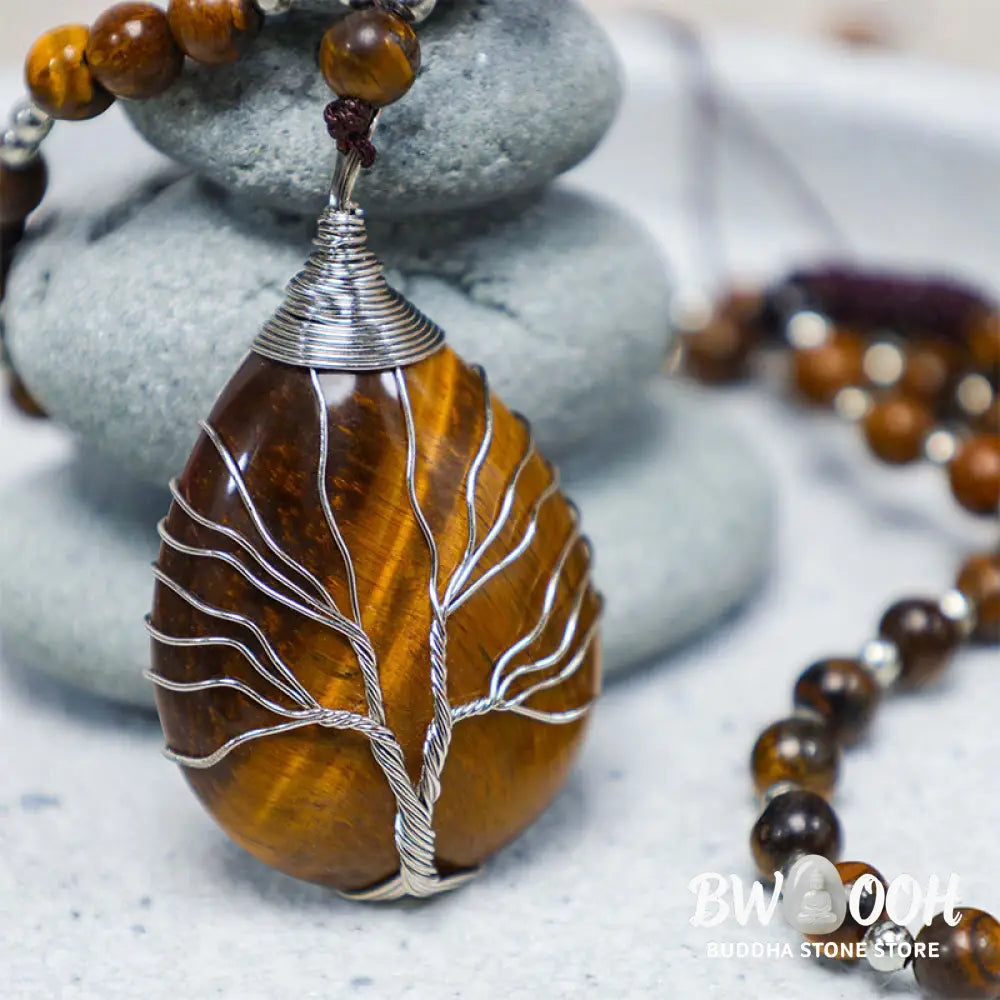 Buddha Stones Natural Tiger Eye Strength Beaded Pendant Necklace - BWOOOH - Tiger Eye - Necklaces &amp; Pendants