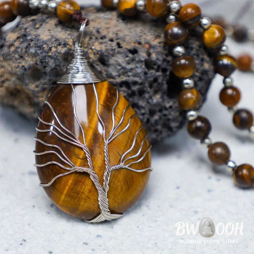 Buddha Stones Natural Tiger Eye Strength Beaded Pendant Necklace - BWOOOH - Tiger Eye - Necklaces &amp; Pendants
