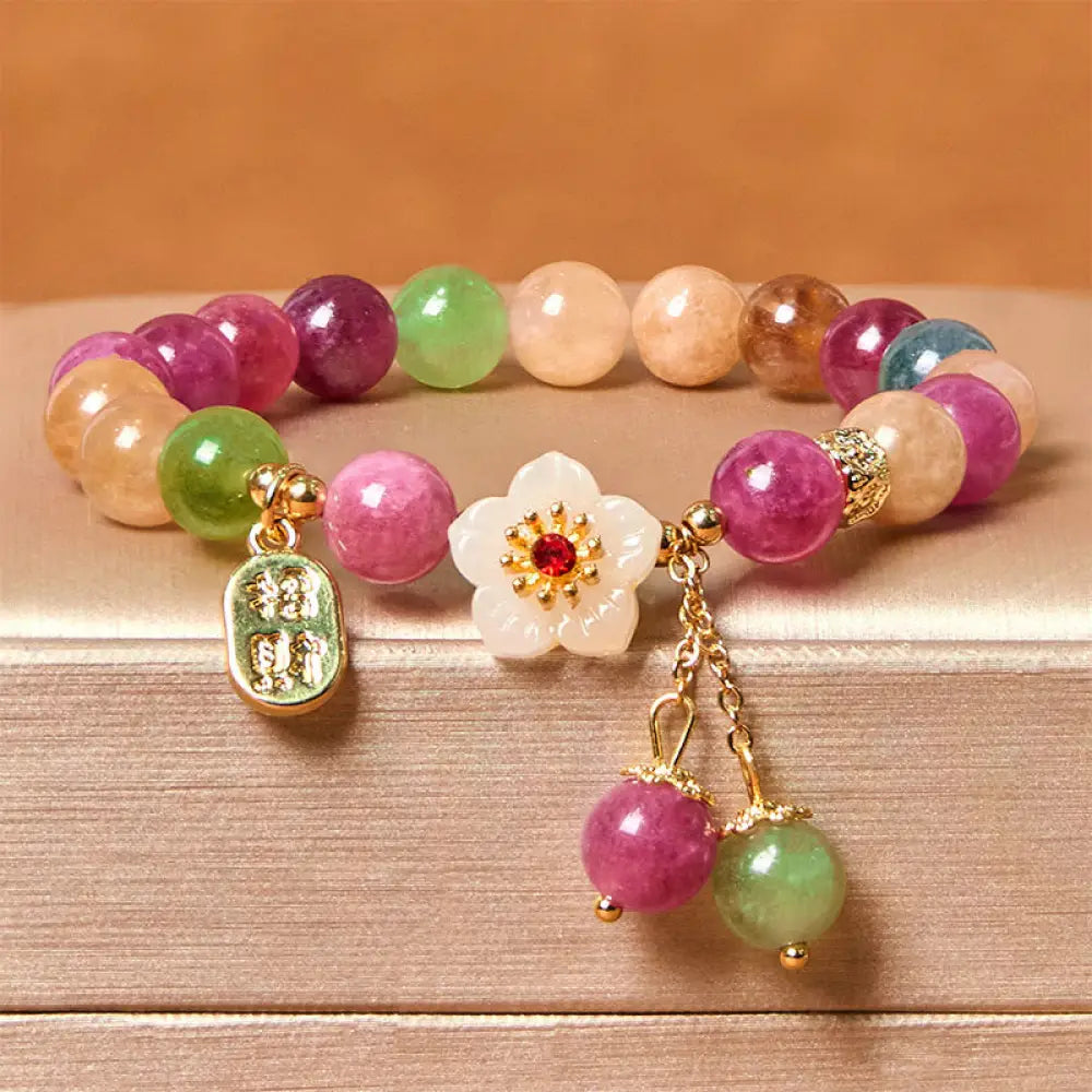 BWOOOH Natural Tourmaline Fu Character Flower Lucky Brand Bracelet — Tourmaline crystal healing bracelet for spiritual hea...