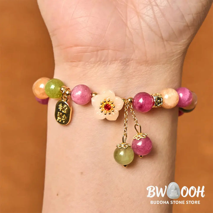 Buddha Stones Natural Tourmaline Fu Character Flower Lucky Brand Bracelet - BWOOOH - Tourmaline(Wrist Circumference: