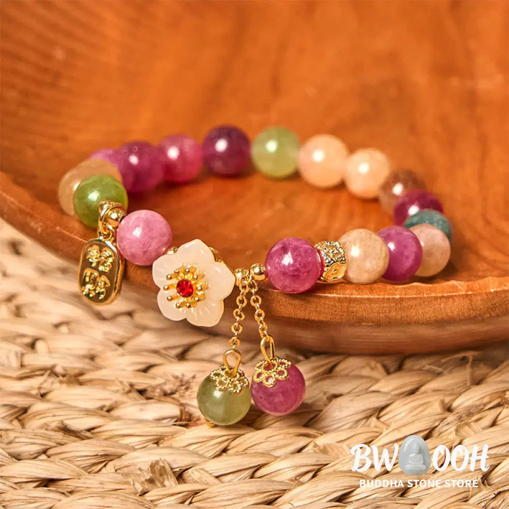 Buddha Stones Natural Tourmaline Fu Character Flower Lucky Brand Bracelet - BWOOOH - Tourmaline(Wrist Circumference: