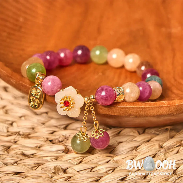 Buddha Stones Natural Tourmaline Fu Character Flower Lucky Brand Bracelet - BWOOOH - Tourmaline(Wrist Circumference:
