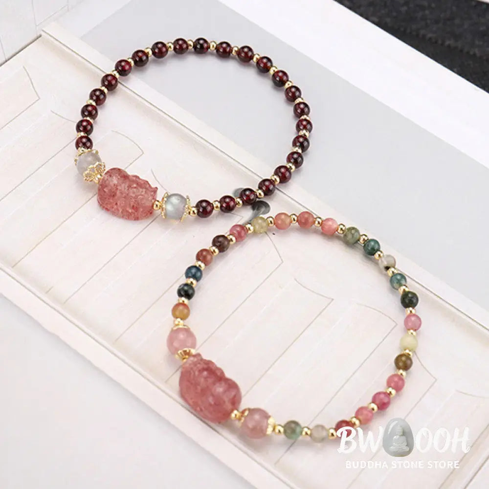 Buddha Stones Natural Tourmaline Garnet Strawberry Quartz PiXiu Moonstone Protection Bracelet - Bracelet