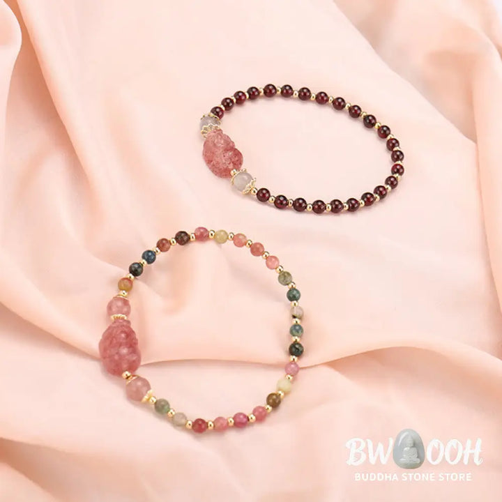 Buddha Stones Natural Tourmaline Garnet Strawberry Quartz PiXiu Moonstone Protection Bracelet - Bracelet