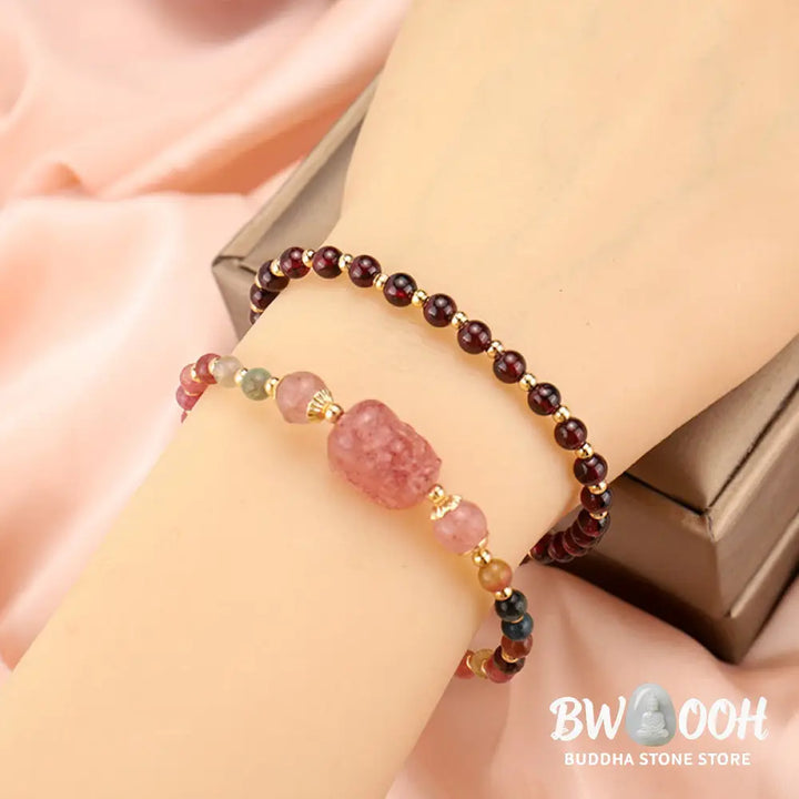 Buddha Stones Natural Tourmaline Garnet Strawberry Quartz PiXiu Moonstone Protection Bracelet - Bracelet