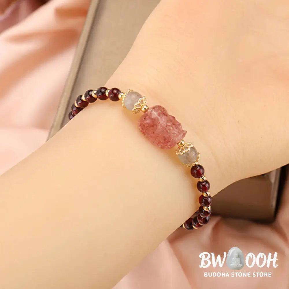 Buddha Stones Natural Tourmaline Garnet Strawberry Quartz PiXiu Moonstone Protection Bracelet - Bracelet