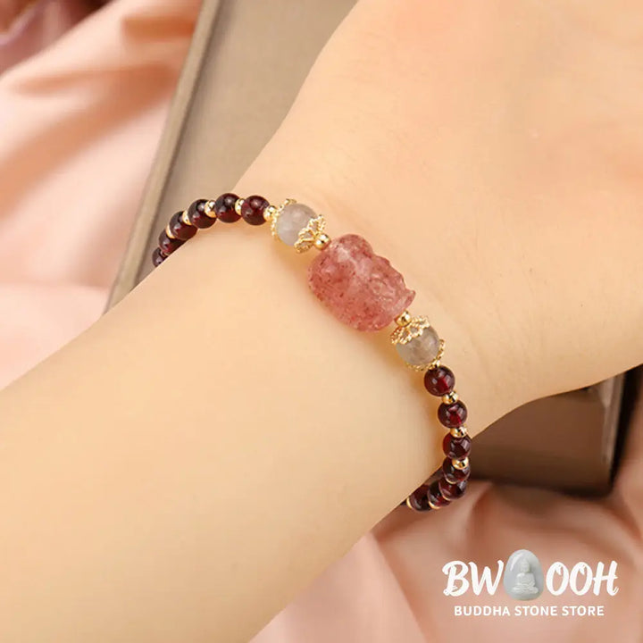Buddha Stones Natural Tourmaline Garnet Strawberry Quartz PiXiu Moonstone Protection Bracelet - Bracelet