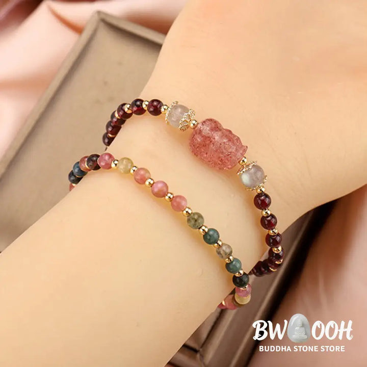 Buddha Stones Natural Tourmaline Garnet Strawberry Quartz PiXiu Moonstone Protection Bracelet - Bracelet
