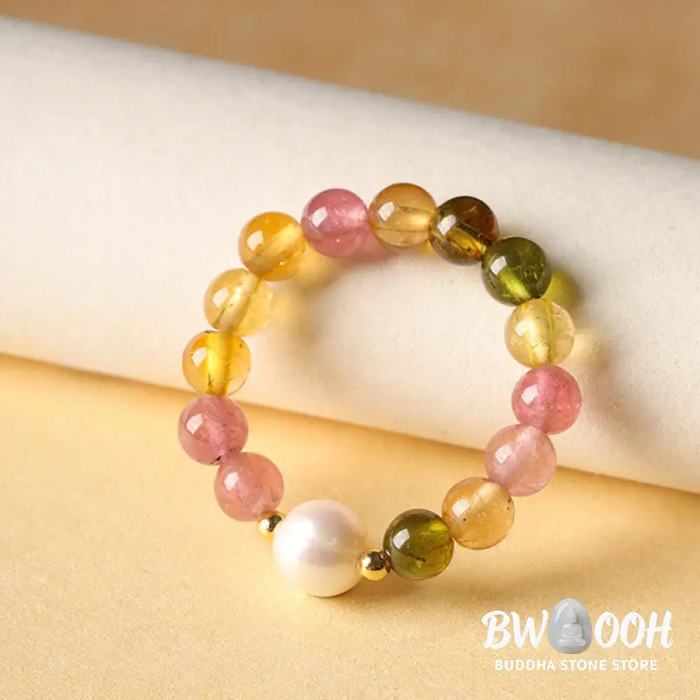 Buddha Stones Natural Tourmaline Lucky Pearl Pixiu Amber Positive Love Ring - Ring