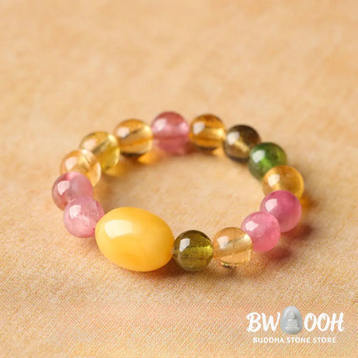 Buddha Stones Natural Tourmaline Lucky Pearl Pixiu Amber Positive Love Ring - Ring