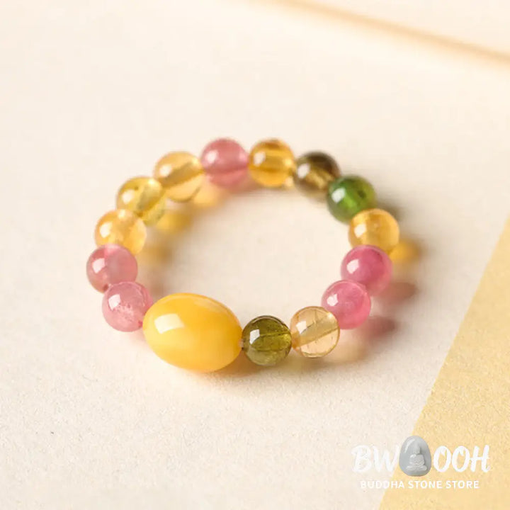 Buddha Stones Natural Tourmaline Lucky Pearl Pixiu Amber Positive Love Ring - Ring
