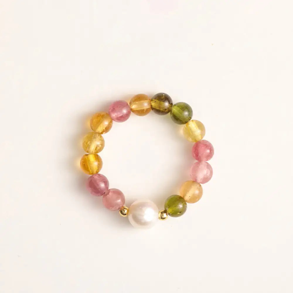 BWOOOH Natural Tourmaline Lucky Pearl Pixiu Amber Positive Love Ring — Tourmaline feng shui bracelet for spiritual healing...