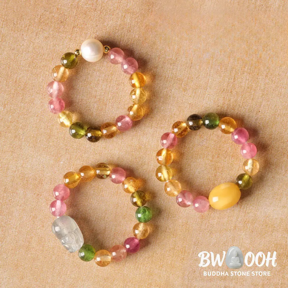 Buddha Stones Natural Tourmaline Lucky Pearl Pixiu Amber Positive Love Ring - Ring