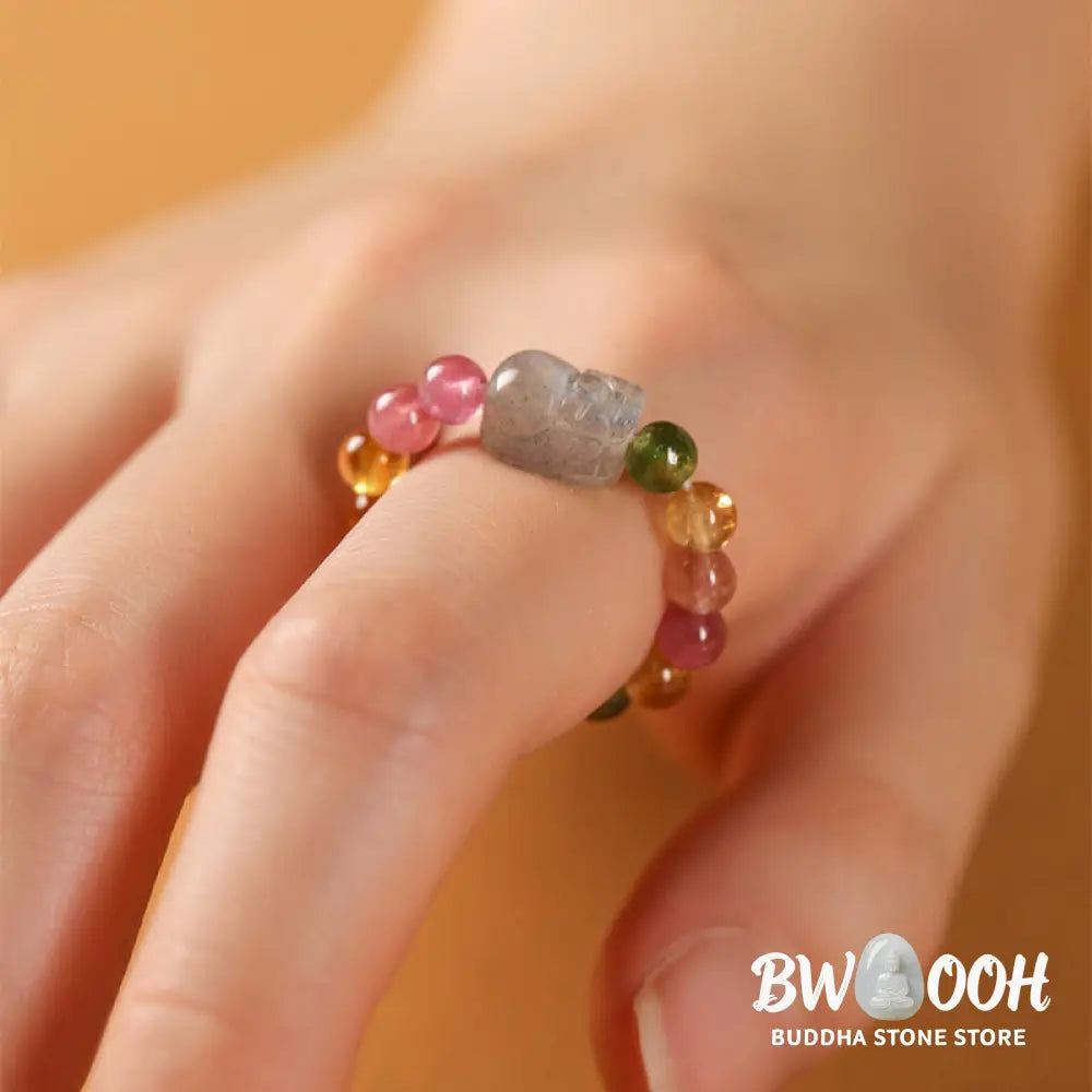 Buddha Stones Natural Tourmaline Lucky Pearl Pixiu Amber Positive Love Ring - Ring