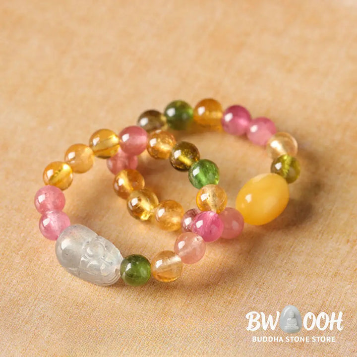 Buddha Stones Natural Tourmaline Lucky Pearl Pixiu Amber Positive Love Ring - Ring