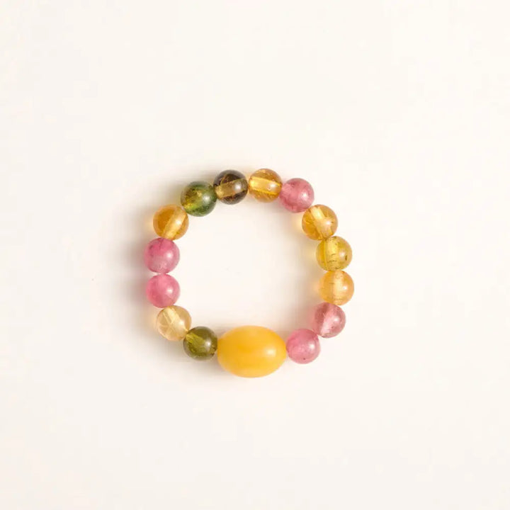 Buddha Stones Natural Tourmaline Lucky Pearl Pixiu Amber Positive Love Ring - Tourmaline &amp; Amber - Ring