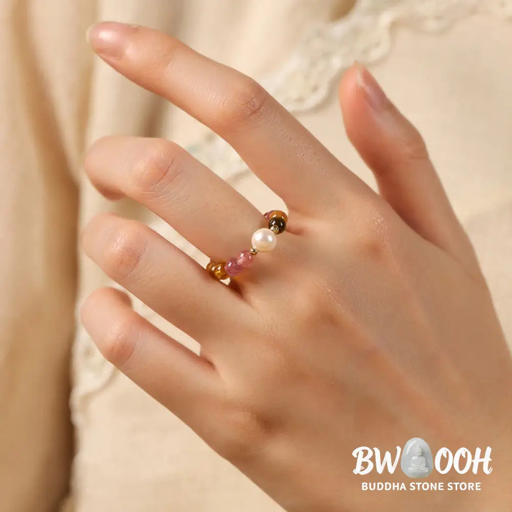 Buddha Stones Natural Tourmaline Lucky Pearl Pixiu Amber Positive Love Ring - Ring