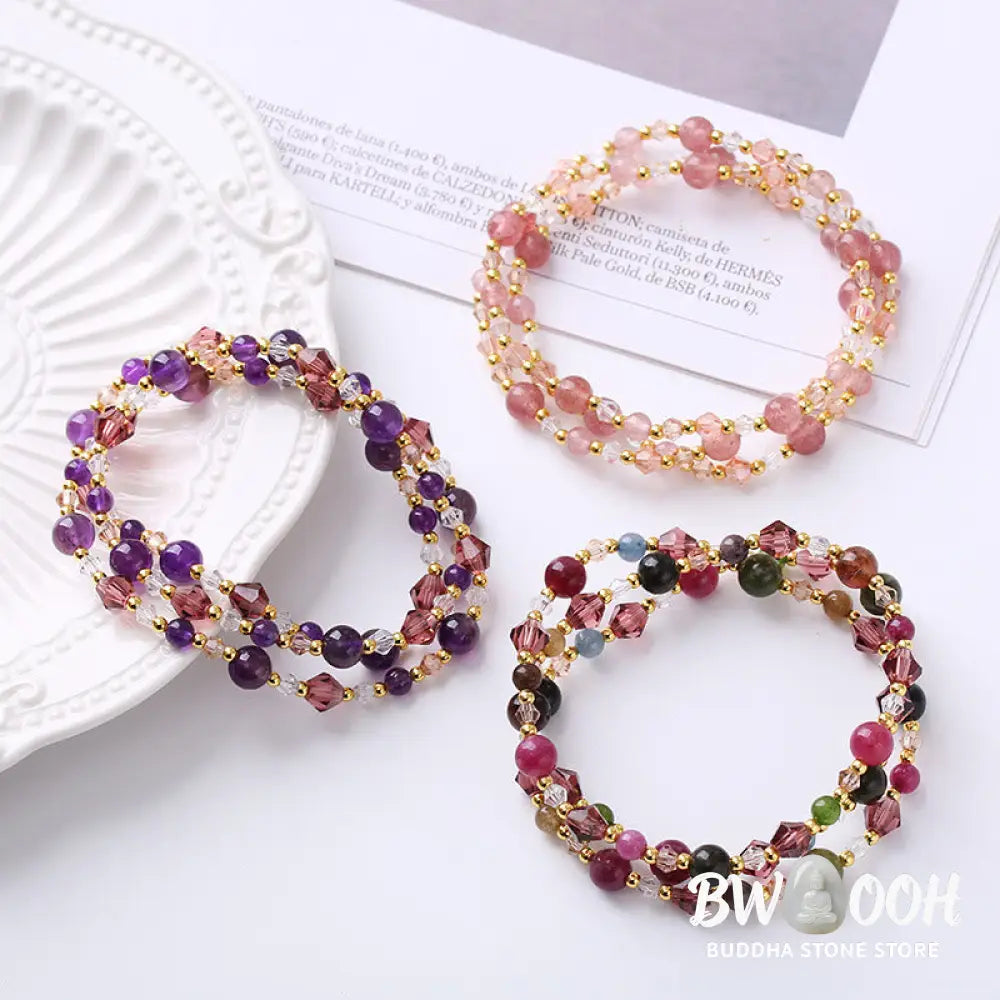 Buddha Stones Natural Tourmaline Strawberry Quartz Amethyst Peace Wisdom Double Wrap Bracelet - BWOOOH - Bracelet