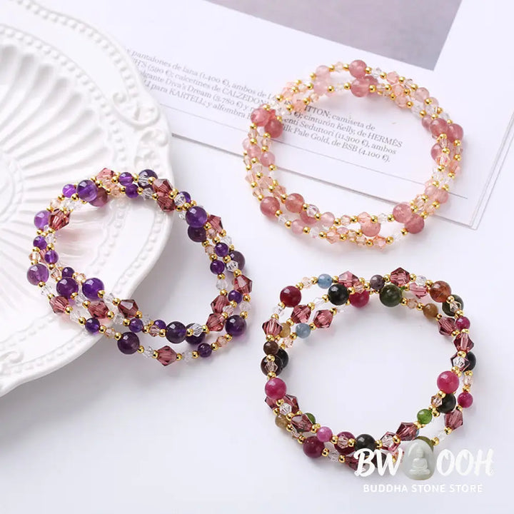 Buddha Stones Natural Tourmaline Strawberry Quartz Amethyst Peace Wisdom Double Wrap Bracelet - BWOOOH - Bracelet