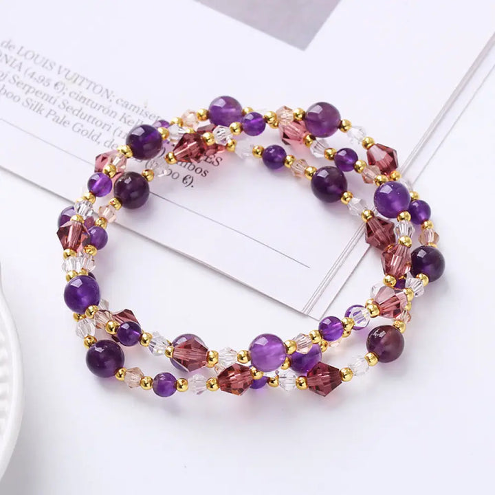 Buddha Stones Natural Tourmaline Strawberry Quartz Amethyst Peace Wisdom Double Wrap Bracelet - BWOOOH