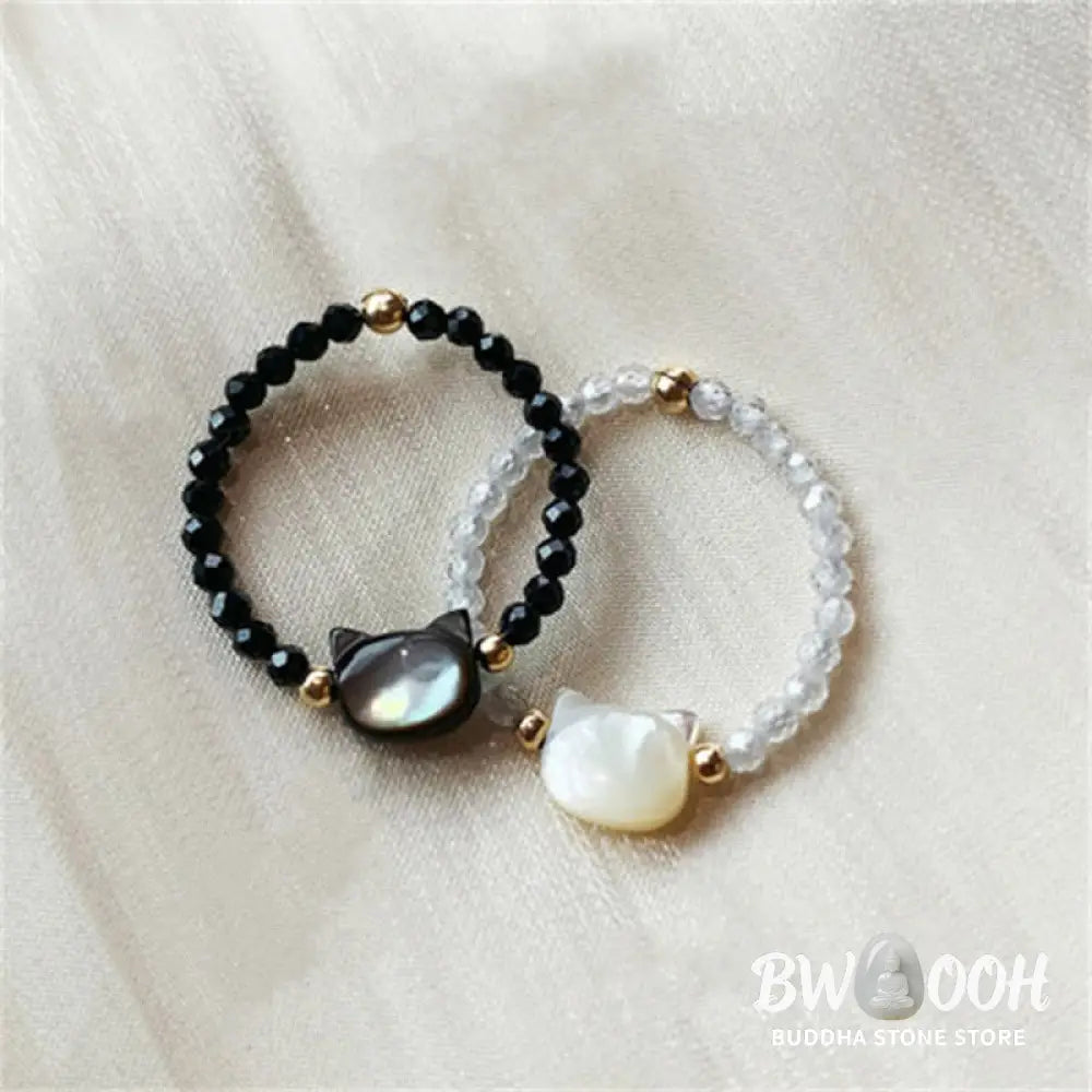 Buddha Stones Natural Tridacna Stone Lovely Cat 14K Gold Plated Blessing Ring - BWOOOH - Rings