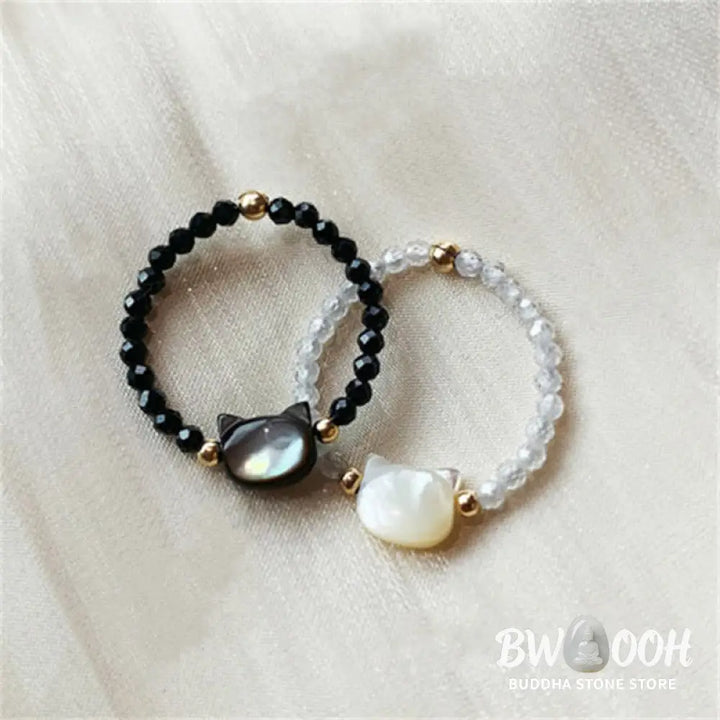 Buddha Stones Natural Tridacna Stone Lovely Cat 14K Gold Plated Blessing Ring - BWOOOH - Rings