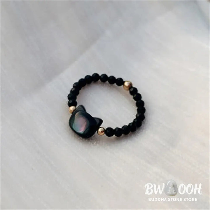 Buddha Stones Natural Tridacna Stone Lovely Cat 14K Gold Plated Blessing Ring - BWOOOH - Rings